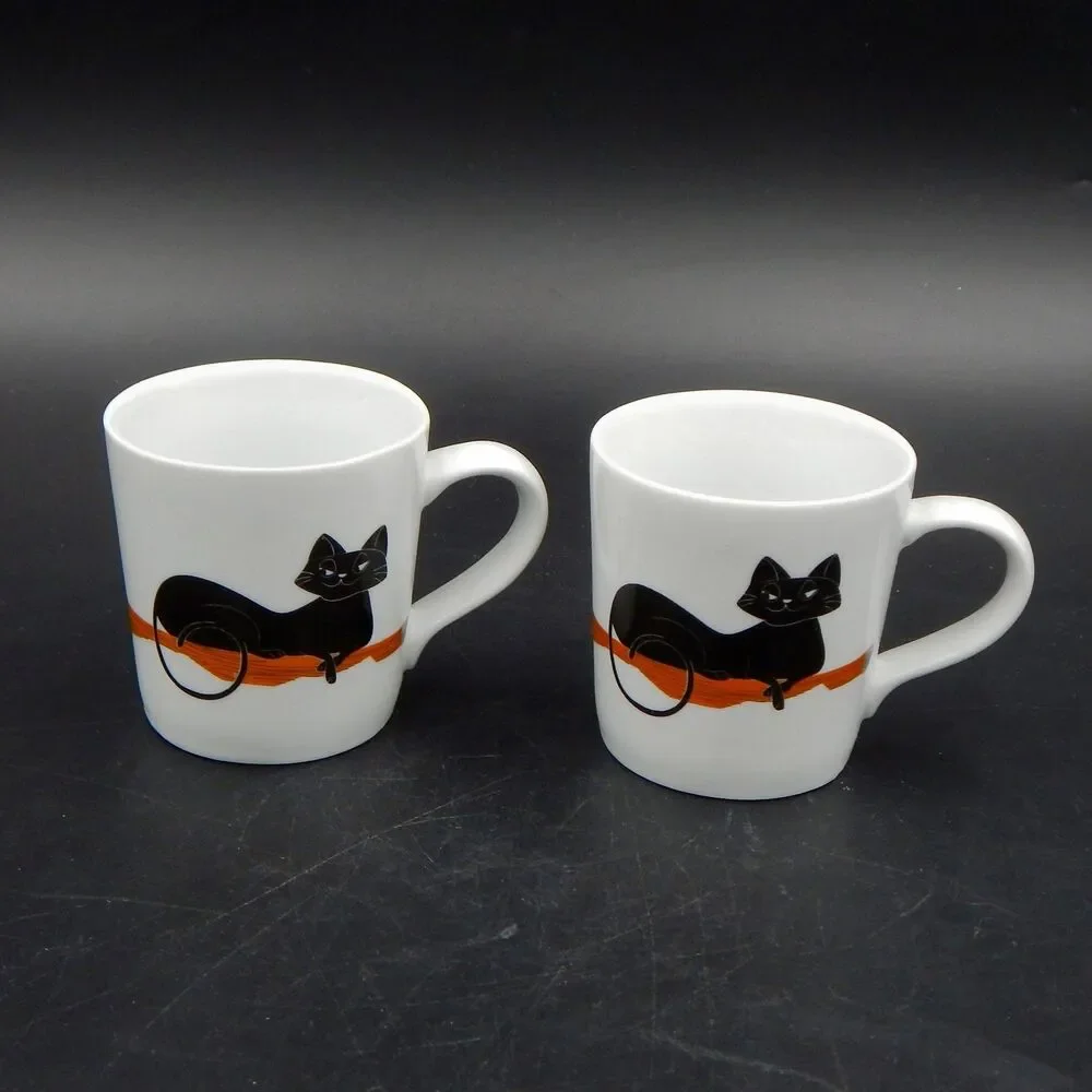 Crate And Barrel Black Cat Demitasse Coffee Cup Mug Set 2 Riding Broom Halloween
